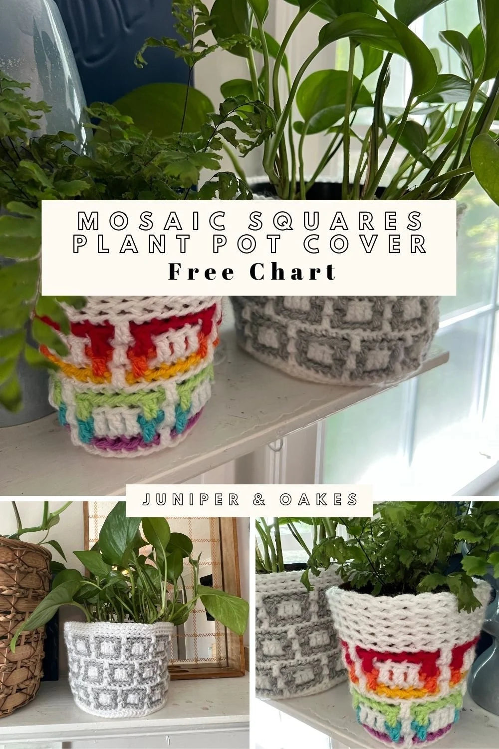 Mosaic Plant Pot Cover Crochet PATTERN, Overlay Mosaic chart, Worsted Weight yarn Plant Cozy pattern. Stash buster scrap yarn project