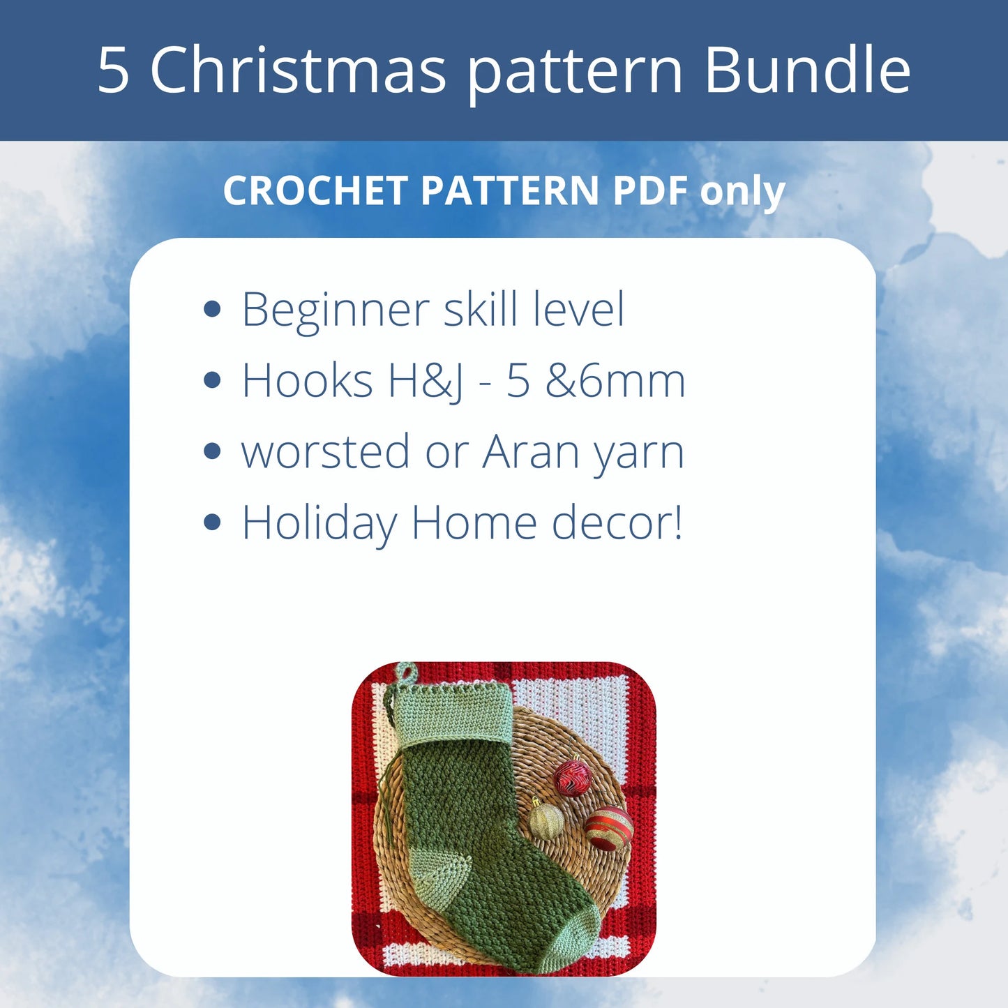 5 Holiday pattern BUNDLE: Christmas Crochet PATTERNS PDF - Easy Projects for Crocheters. Beginner friendly crochet pattern set