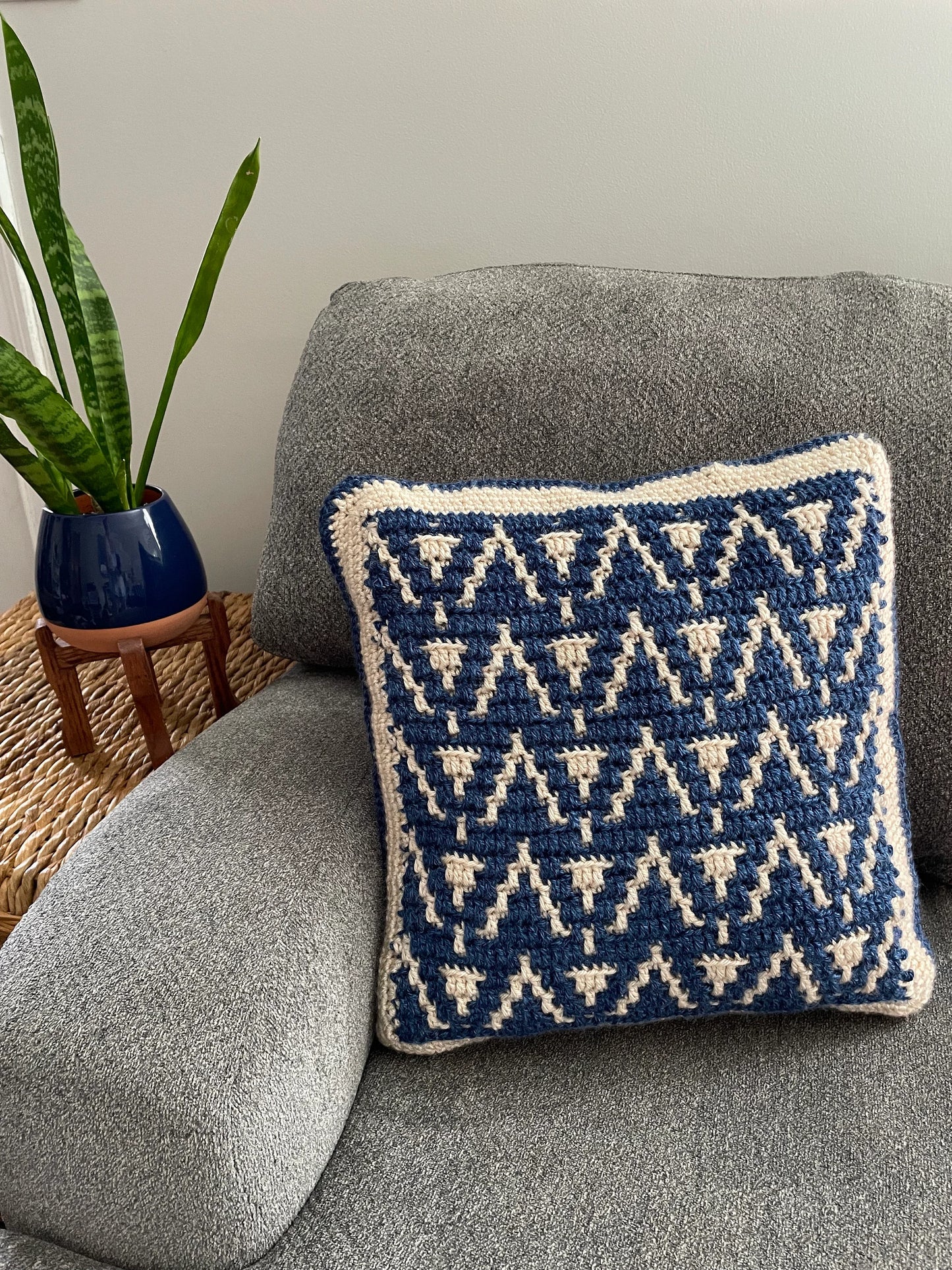 PDF Overlay Mosaic Crochet Pillow Pattern: Peaks & Pillars design.  Includes Video Tutorials for Cushion cover crochet pattern