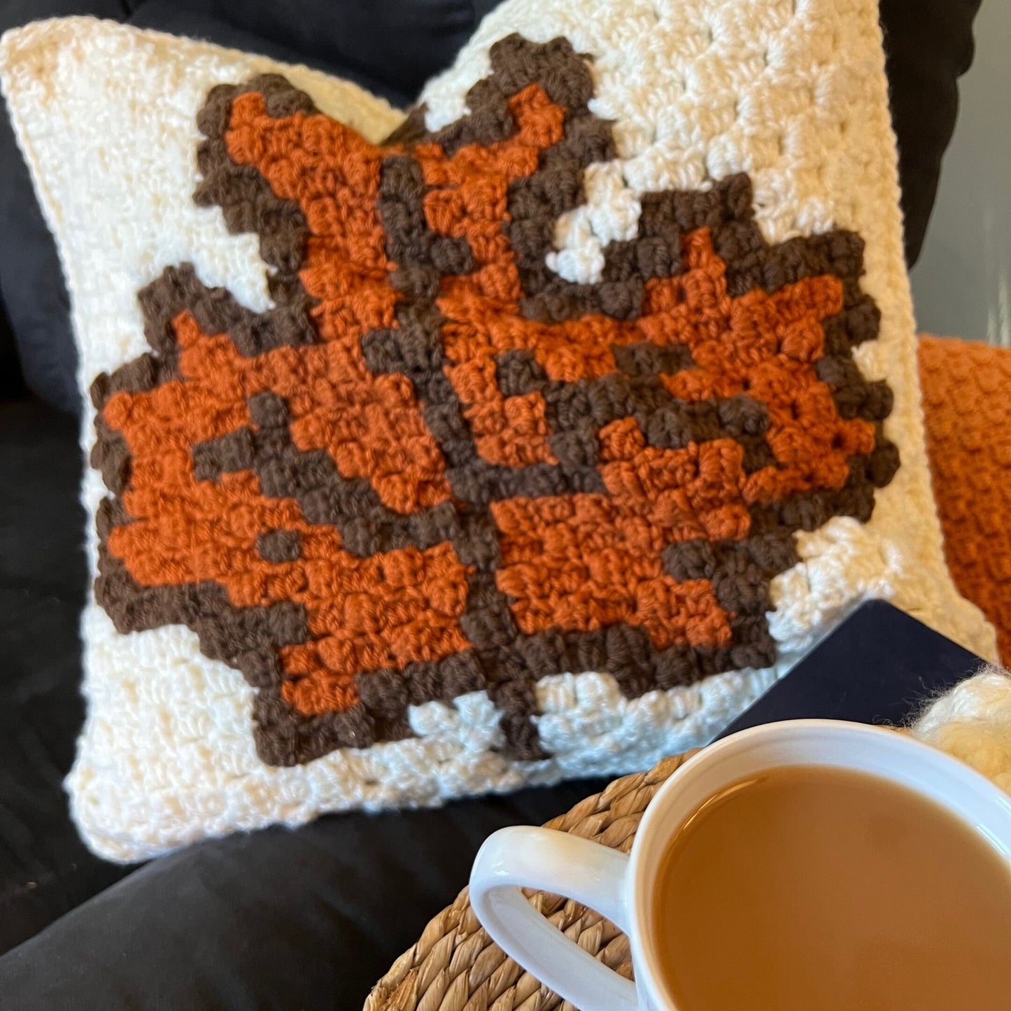 Autumn Leaf Pillow C2C Crochet Pattern | Corner to Corner | Fall Maple Leaf