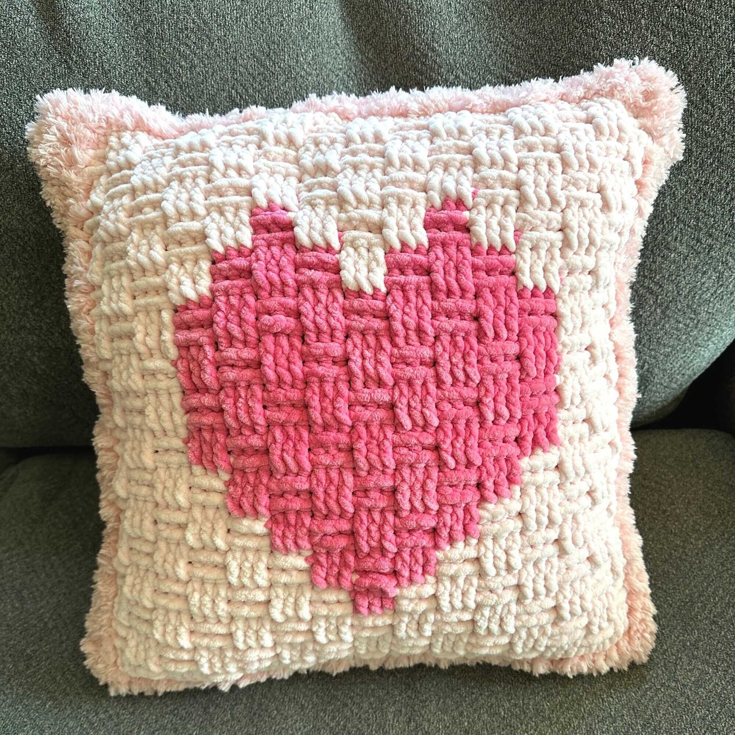 Crochet Heart Basket Pillow | Bulky Yarn Accent Cushion | Intermediate Pattern Home Decor