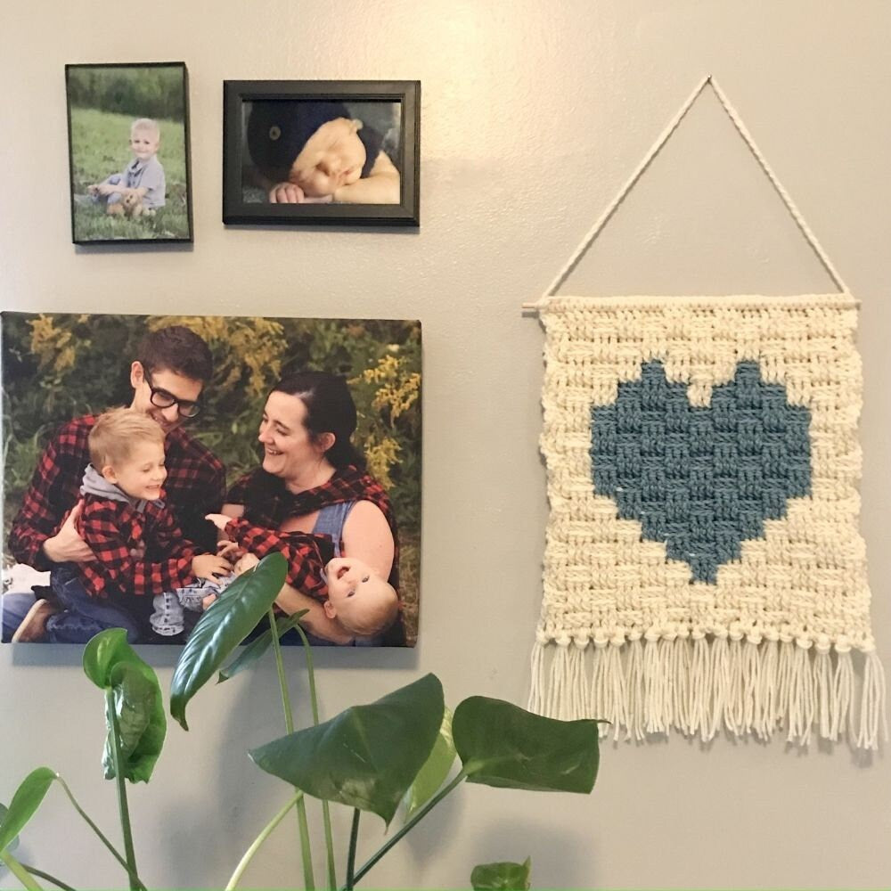 Crochet Tapestry Pattern: Heart in a Basket Wall Hanging. Handmade Crochet Knit Tapestry. Valentine's Day macrochet wall hanging