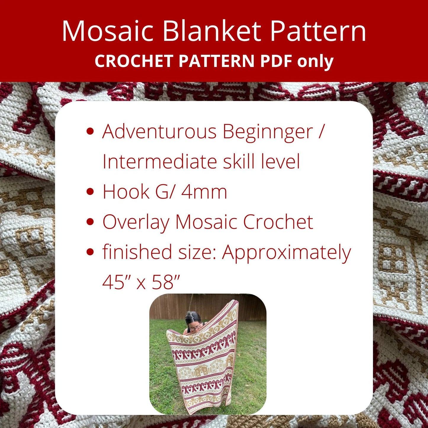 Mosaic Crochet Gingerbread Blanket PDF Pattern Intermediate Throw Crochet Pattern