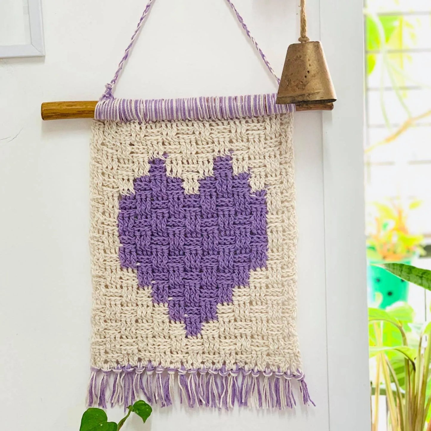 Crochet Tapestry Pattern: Heart in a Basket Wall Hanging. Handmade Crochet Knit Tapestry. Valentine's Day macrochet wall hanging