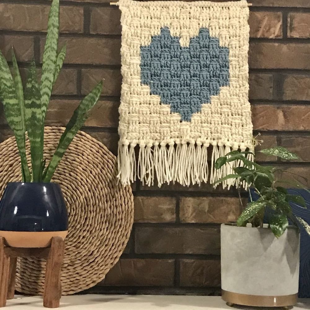 Crochet Tapestry Pattern: Heart in a Basket Wall Hanging. Handmade Crochet Knit Tapestry. Valentine's Day macrochet wall hanging