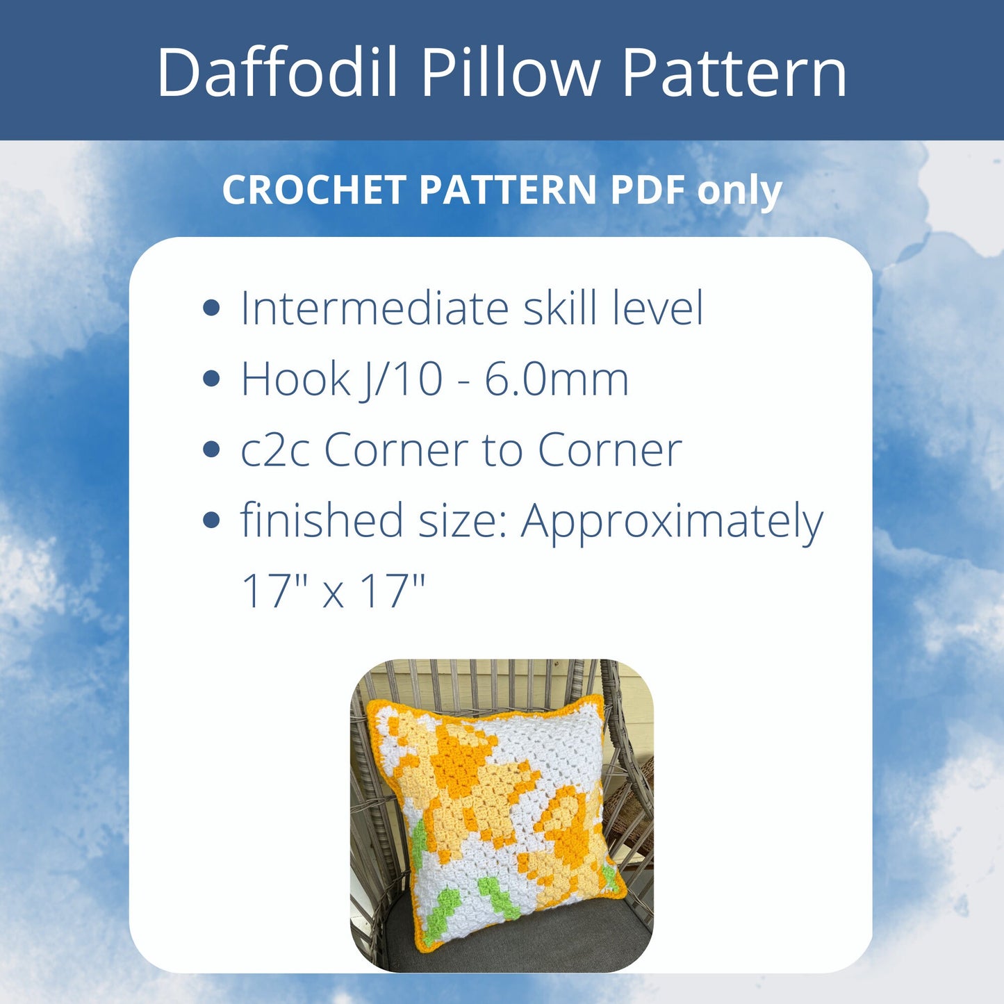 PDF Daffodil Pillow Crochet Pattern. Using the c2c Corner to Corner crochet technique. Spring and Summer flower cushion cover.