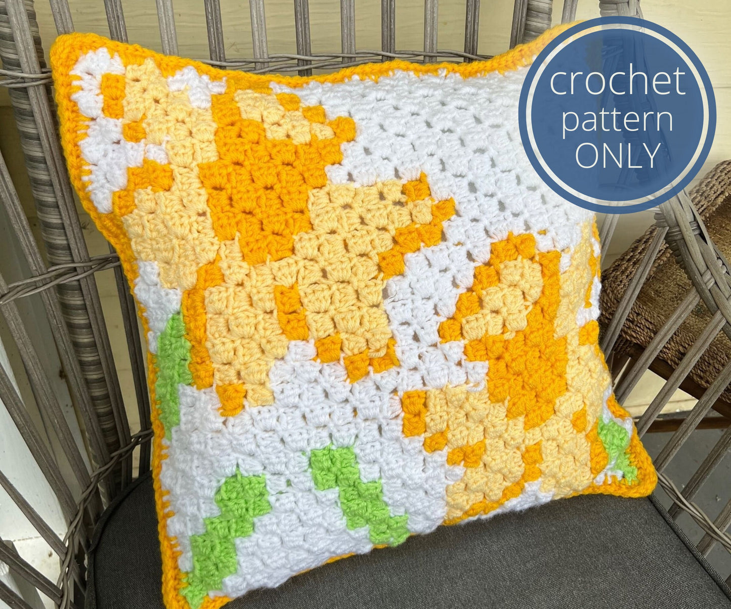 PDF Daffodil Pillow Crochet Pattern. Using the c2c Corner to Corner crochet technique. Spring and Summer flower cushion cover.
