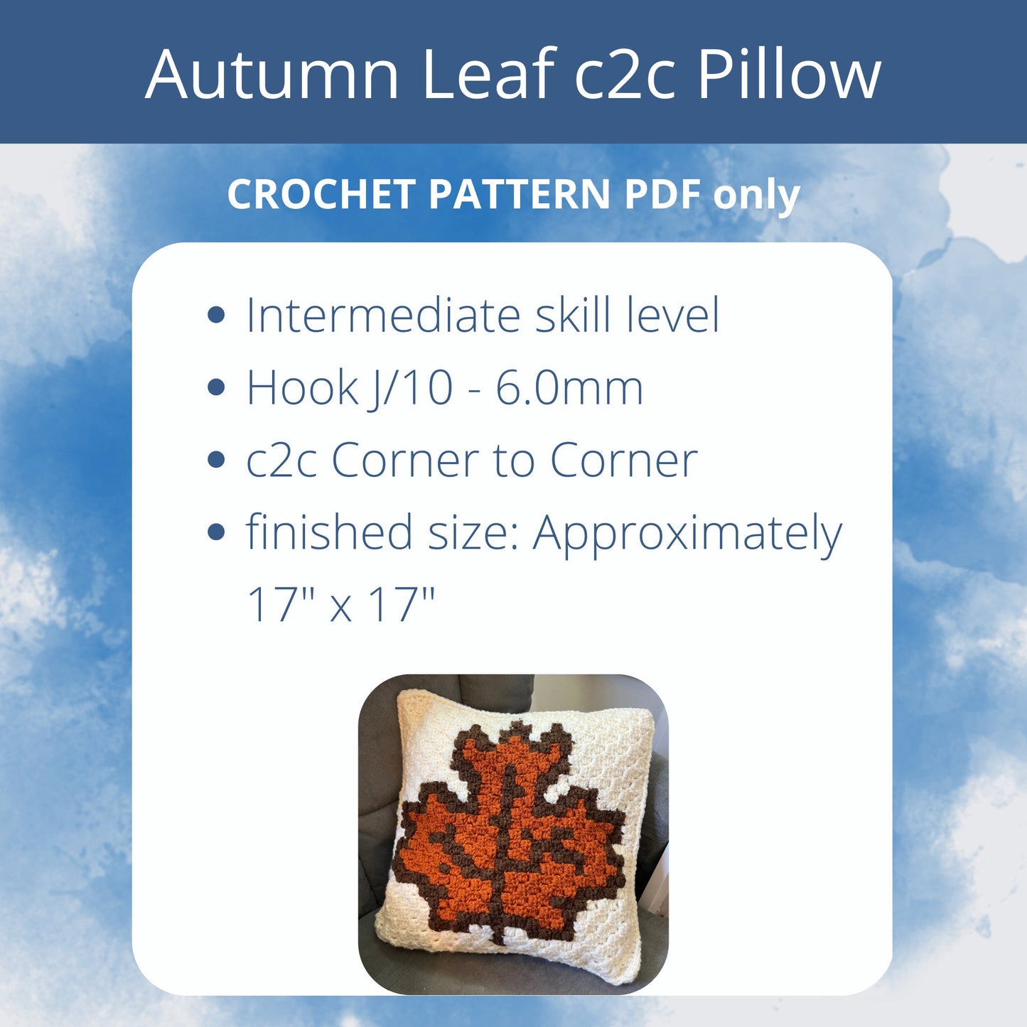 PDF Autumn Leaf Pillow C2C Crochet PATTERN. Corner to Corner Fall Maple Leaf Crochet Pattern.