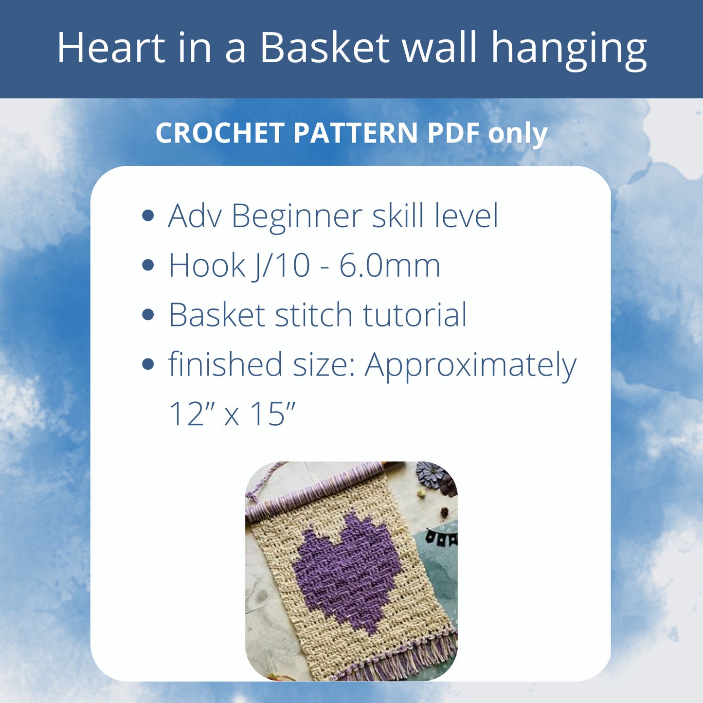 Crochet Tapestry Pattern: Heart in a Basket Wall Hanging. Handmade Crochet Knit Tapestry. Valentine's Day macrochet wall hanging
