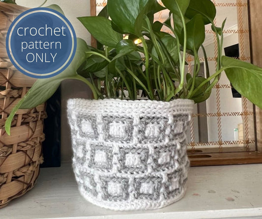 Mosaic Plant Pot Cover Crochet PATTERN, Overlay Mosaic chart, Worsted Weight yarn Plant Cozy pattern. Stash buster scrap yarn project