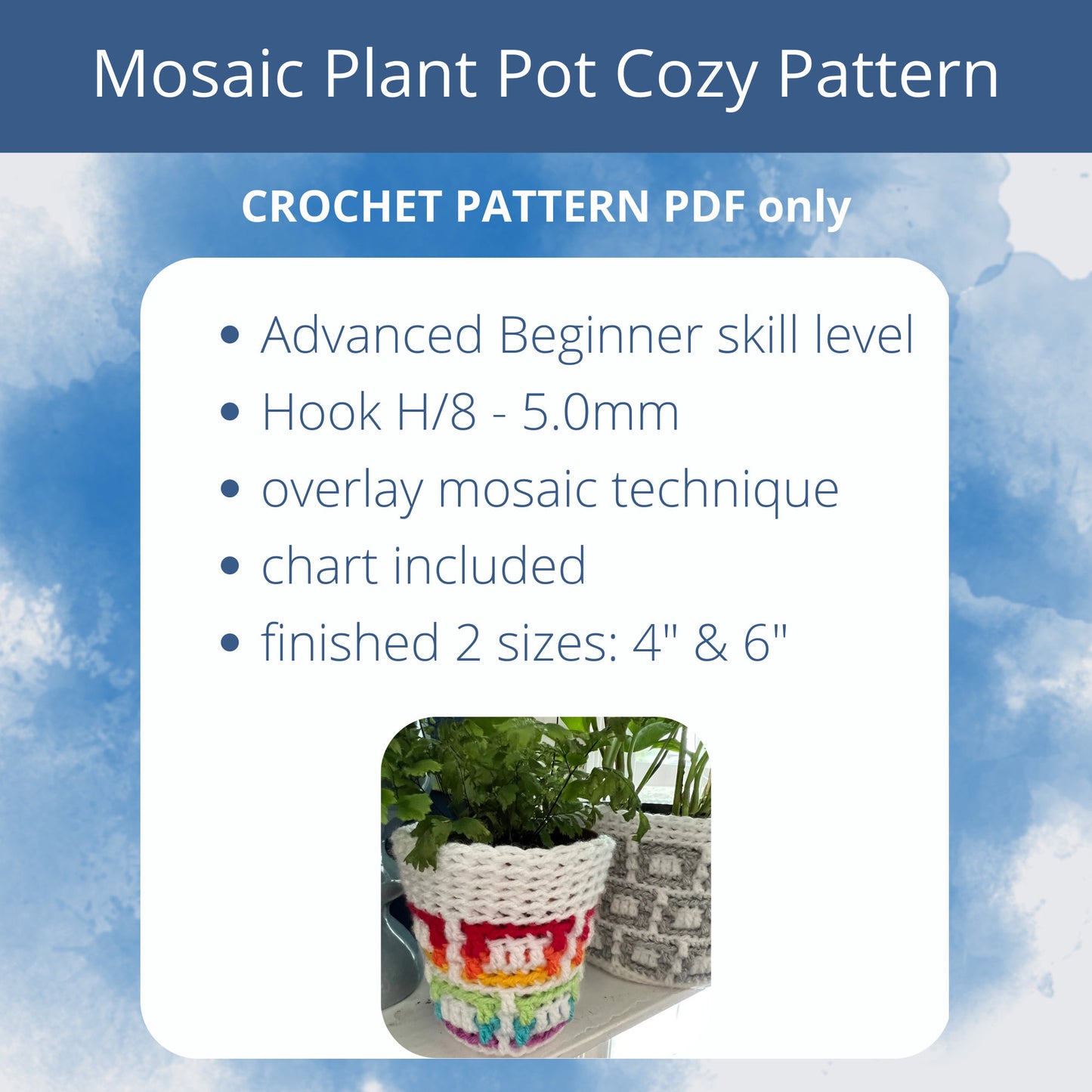 Mosaic Plant Pot Cover Crochet PATTERN, Overlay Mosaic chart, Worsted Weight yarn Plant Cozy pattern. Stash buster scrap yarn project