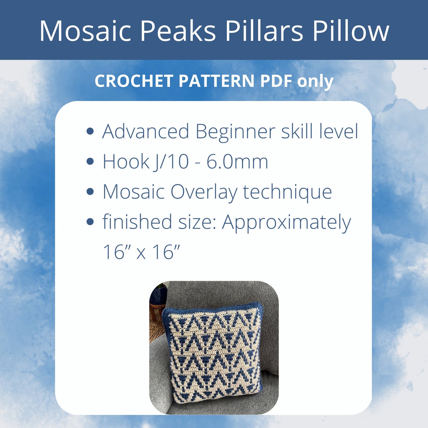 PDF Overlay Mosaic Crochet Pillow Pattern: Peaks & Pillars design.  Includes Video Tutorials for Cushion cover crochet pattern
