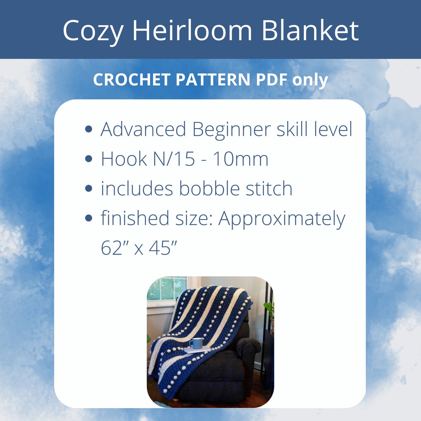 PDF Crochet Heirloom Blanket Pattern. Crochet Blanket Pattern for beginner, with bobble stitch. Easy Home Decor Afghan