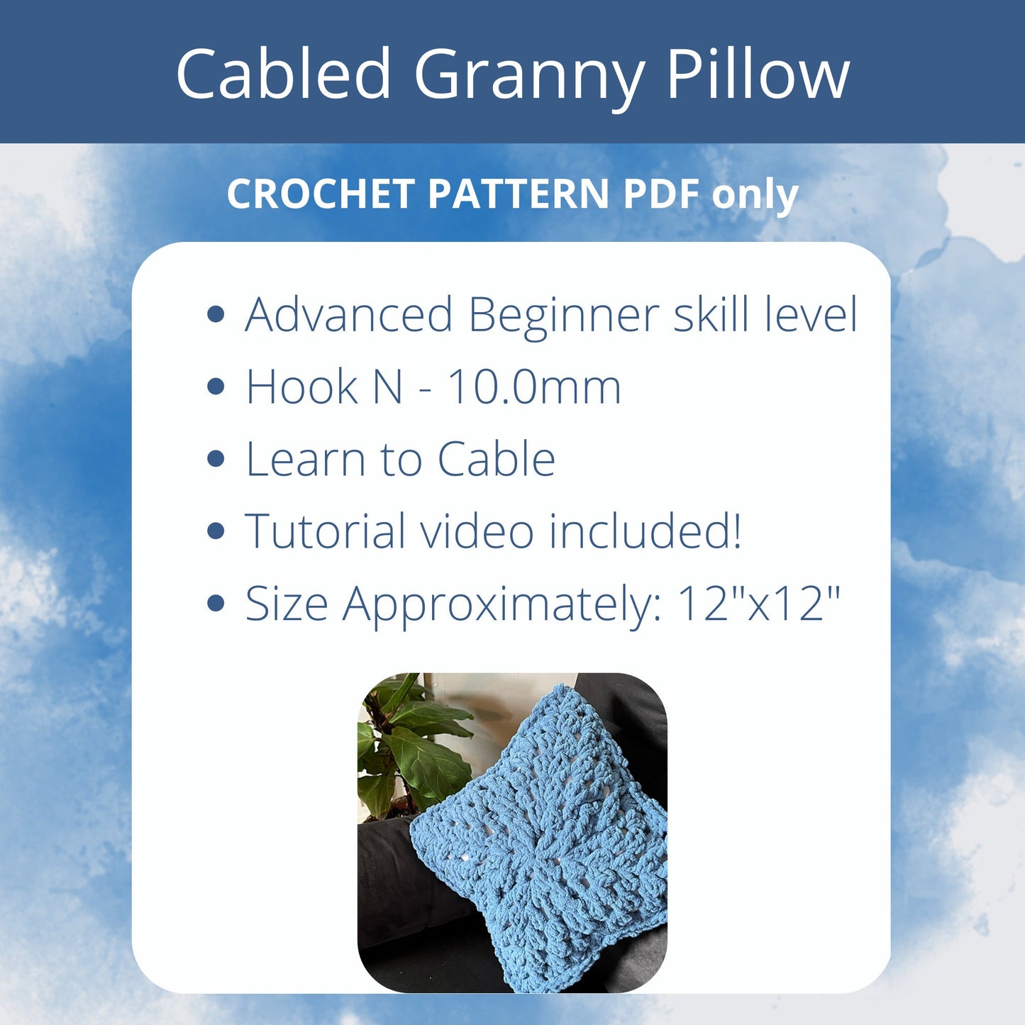 PDF Cabled Granny Crochet Pillow Pattern. Throw Pillow made with Velvet Blanket Yarn. Beginner Crochet Pattern for Cable Cushion Cover.