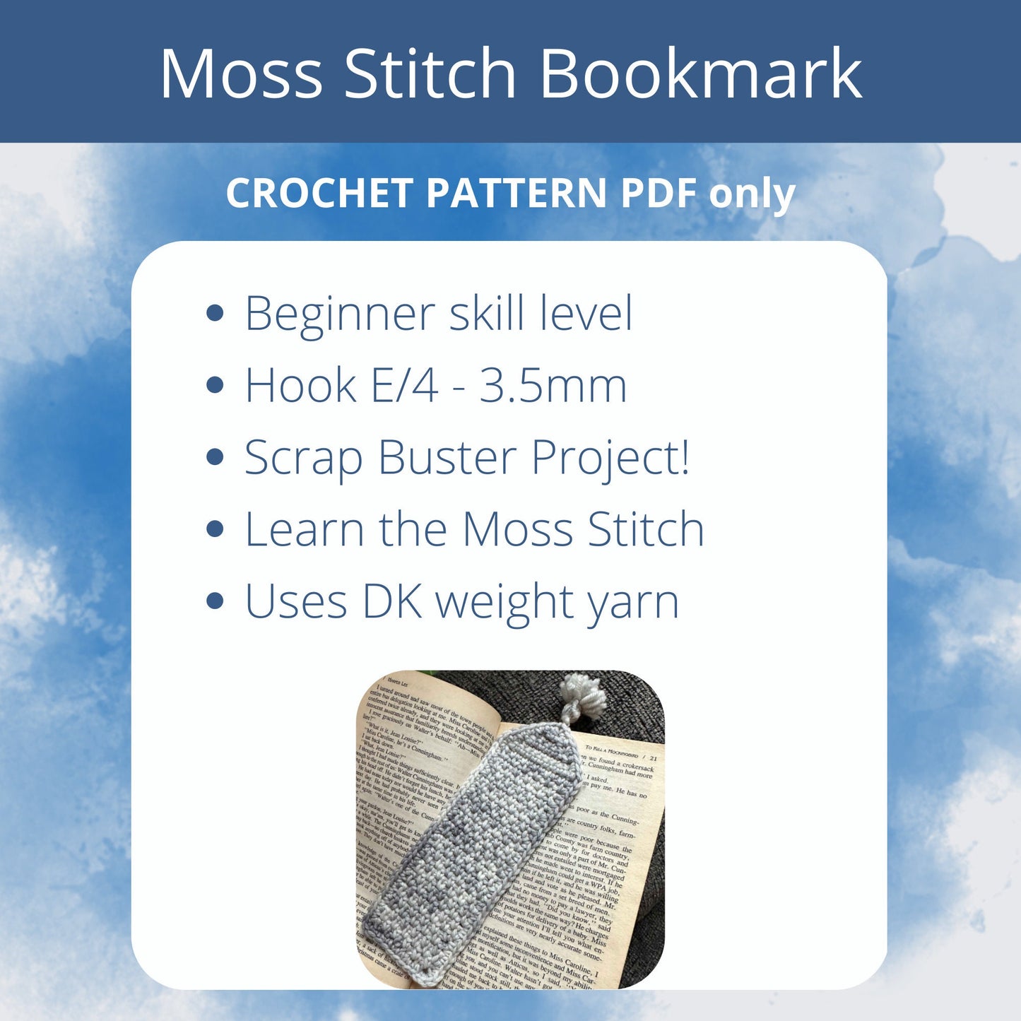 PDF Moss Stitch Bookmark Crochet Pattern. Easy crochet Project for Book Lovers and Crocheters, Woven Stitch