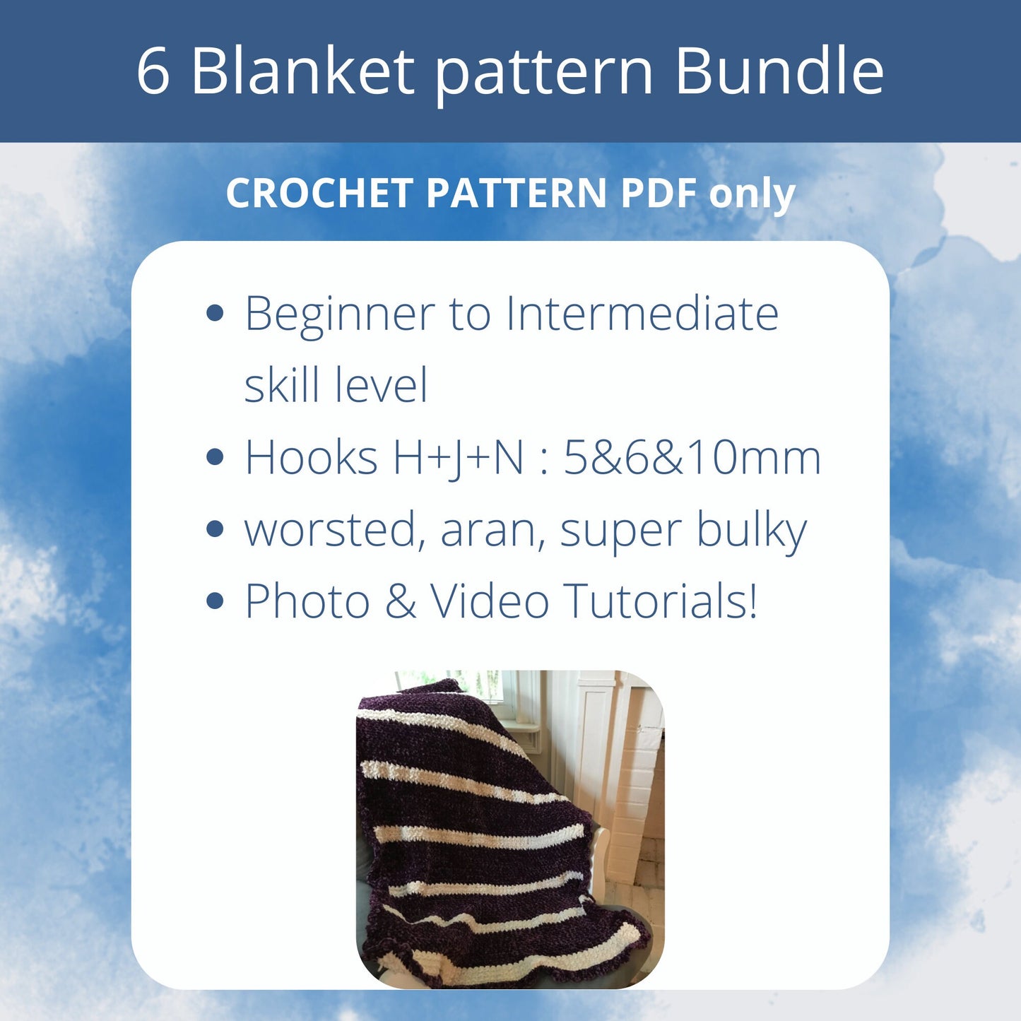 6 Blanket Bundle Crochet PATTERNS. Full set of Afghan crochet pattern for beginner to intermediate crocheters. Baby blankets and Throws.