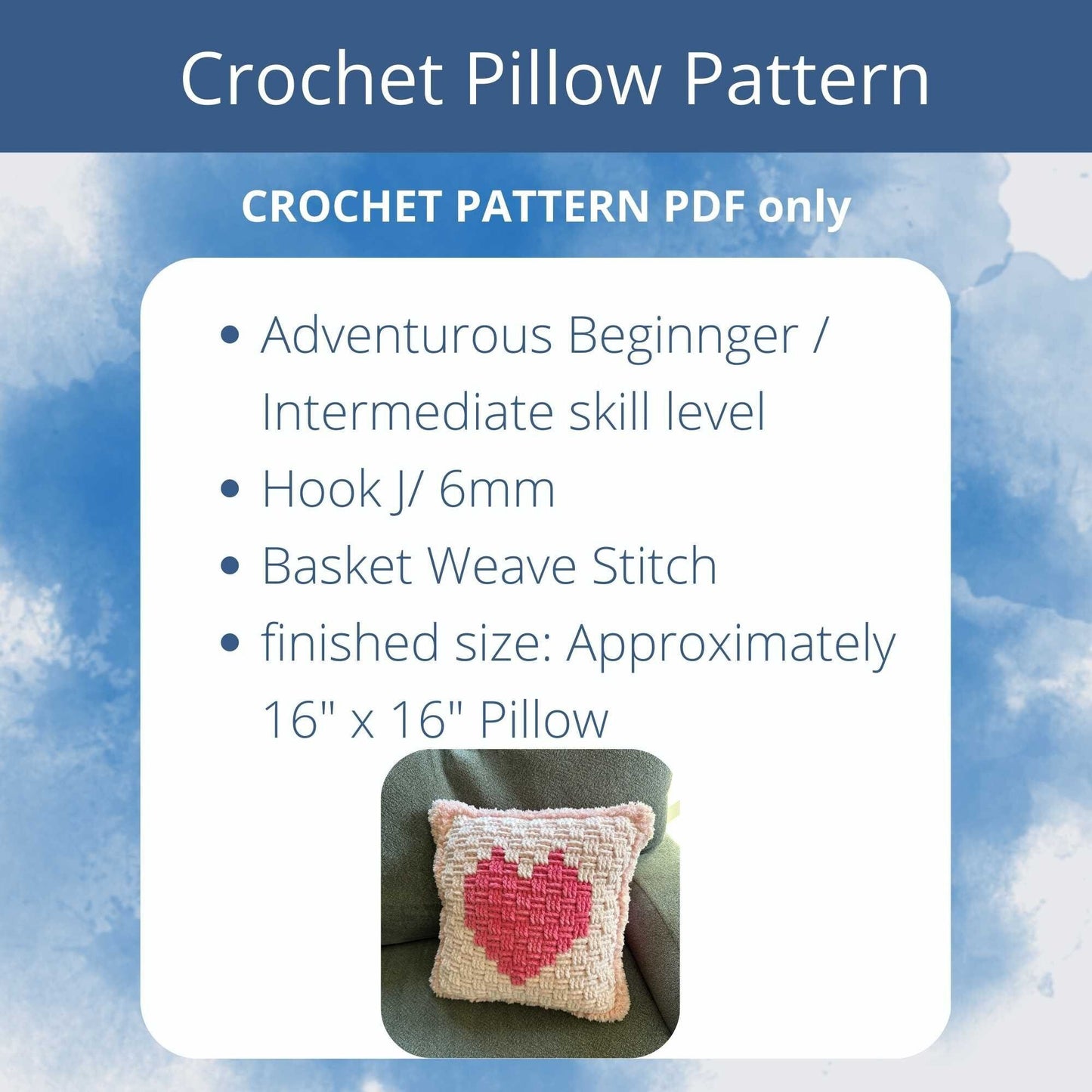 Crochet Heart Basket Pillow | Bulky Yarn Accent Cushion | Intermediate Pattern Home Decor