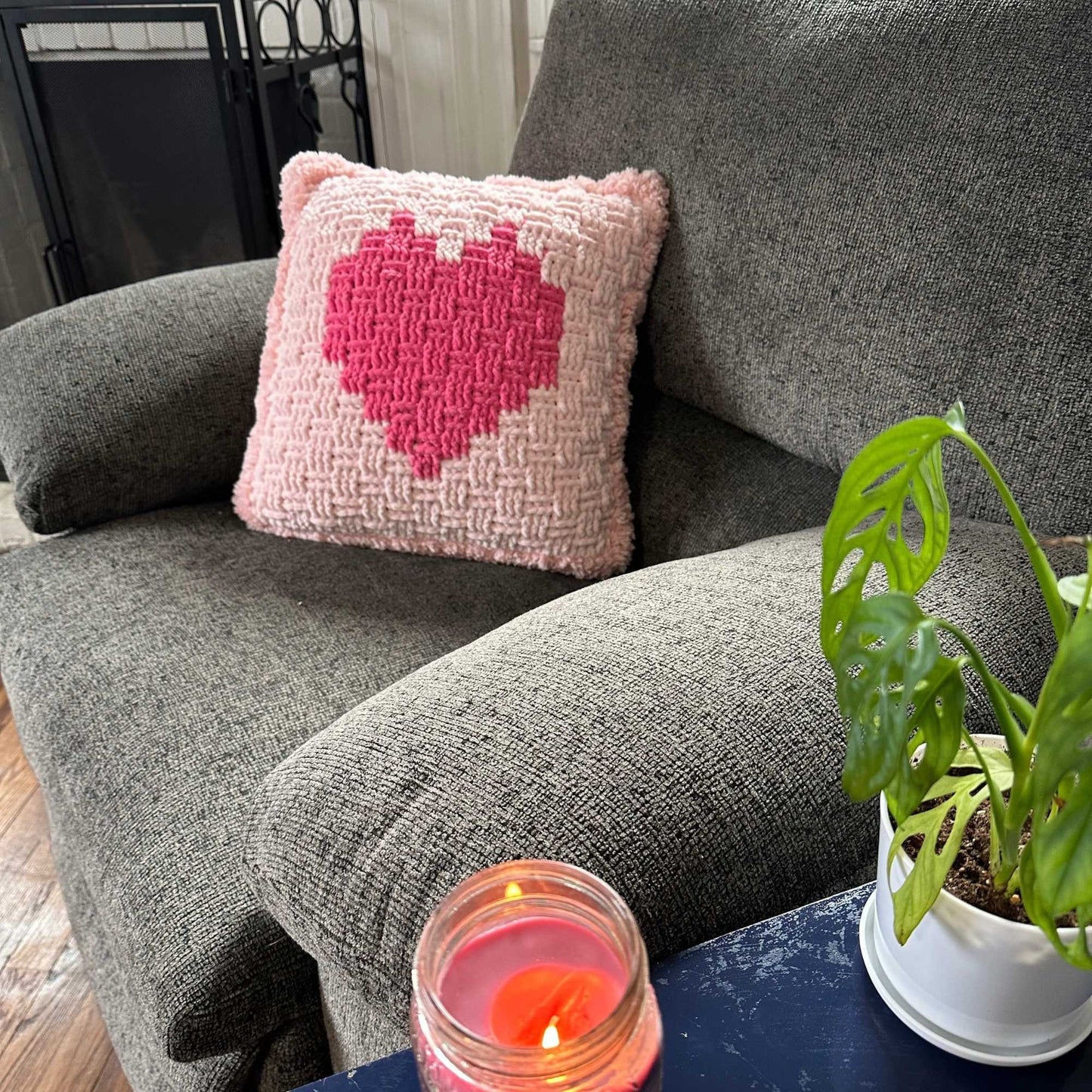 Crochet Heart Basket Pillow | Bulky Yarn Accent Cushion | Intermediate Pattern Home Decor