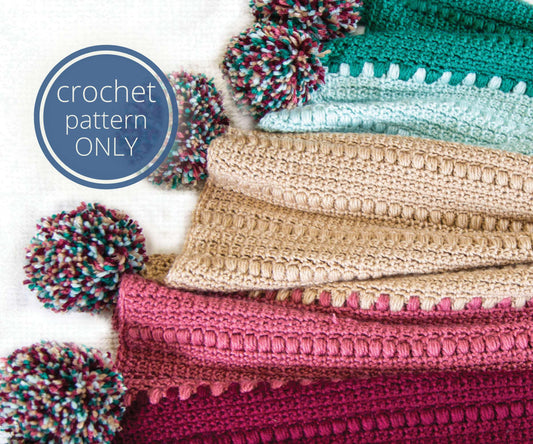 Striped Crochet Blanket With Puff Stitch & Pom Pom Pattern PDF - Picnic Blanket - Large Throw