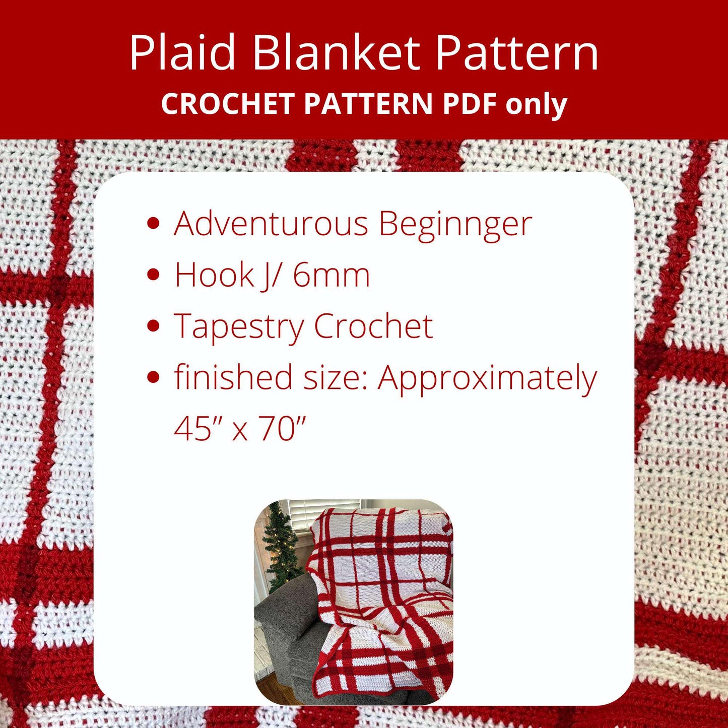 Christmas Plaid Throw Crochet Pattern PDF - Chart & Written Pattern, Tapestry Crochet, Aran Yarn, Festive Blanket, Home Decor