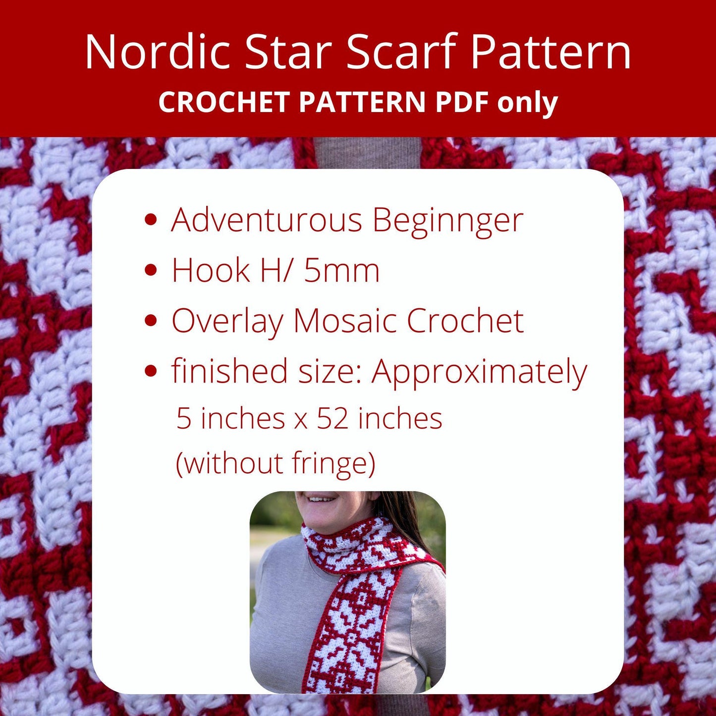 Mosaic Crochet Scarf Pattern for Christmas PDF - Advanced Beginner - Aran Yarn - Fringe & Mosaic Design - Pattern Only