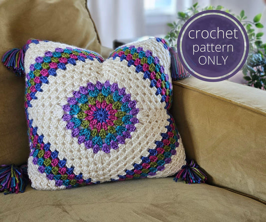 Rainbow Granny Square Pillow Crochet Pattern with tassels- Boho Crochet pattern - worsted weight yarn.