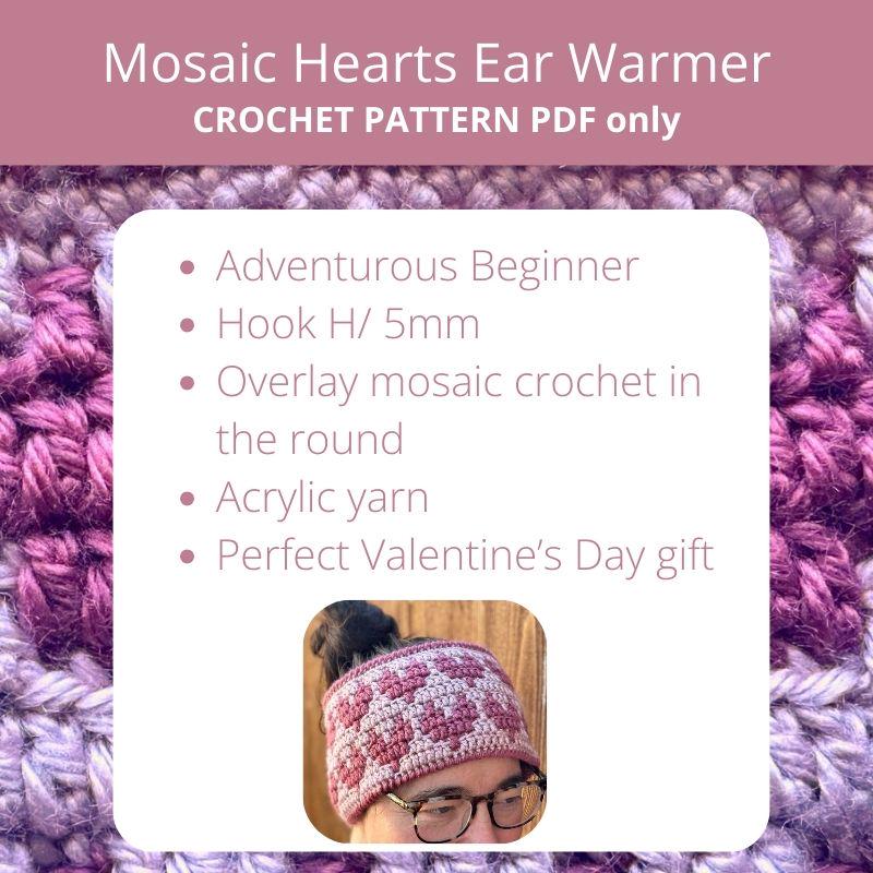 Mosaic Hearts Crochet Ear Warmer Pattern PDF - Easy Mosaic Crochet Headband for Valentine's Day
