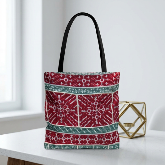 Crochet Project Bag | Frosted Windowpane Mosaic Snowflake Tote | Red & Green Winter Yarn Bag | Gift for Crocheters