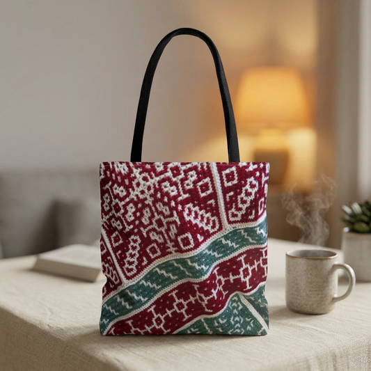 Crochet Project Bag | Frosted Windowpane Diagonal Mosaic Tote | Red & Green Winter Yarn Bag | Gift for Crocheters