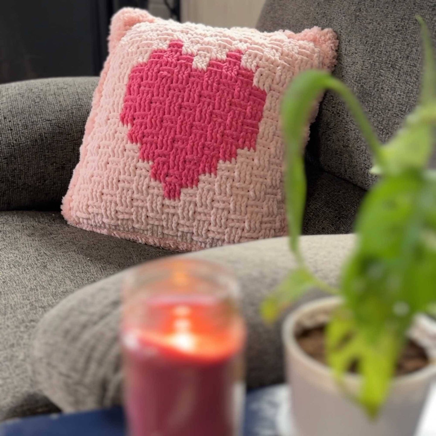 Crochet Heart Basket Pillow | Bulky Yarn Accent Cushion | Intermediate Pattern Home Decor