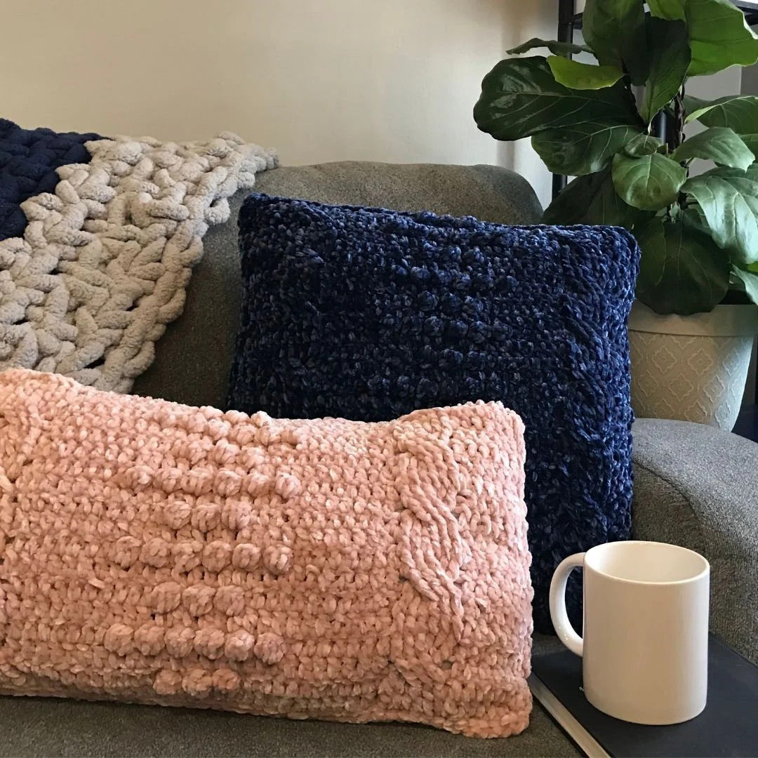 PDF Velvet Pillow Crochet Pattern, The Georgia Pillow. Velour Soft Textured Cushion Cover w bobbles and cables. Lumbar Throw Pillow Pattern