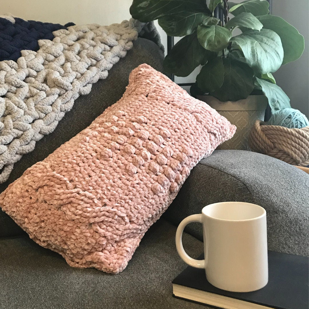 PDF Velvet Pillow Crochet Pattern, The Georgia Pillow. Velour Soft Textured Cushion Cover w bobbles and cables. Lumbar Throw Pillow Pattern