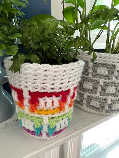 Mosaic Squares Plant Pot Cover | Overlay Mosaic Crochet Pattern