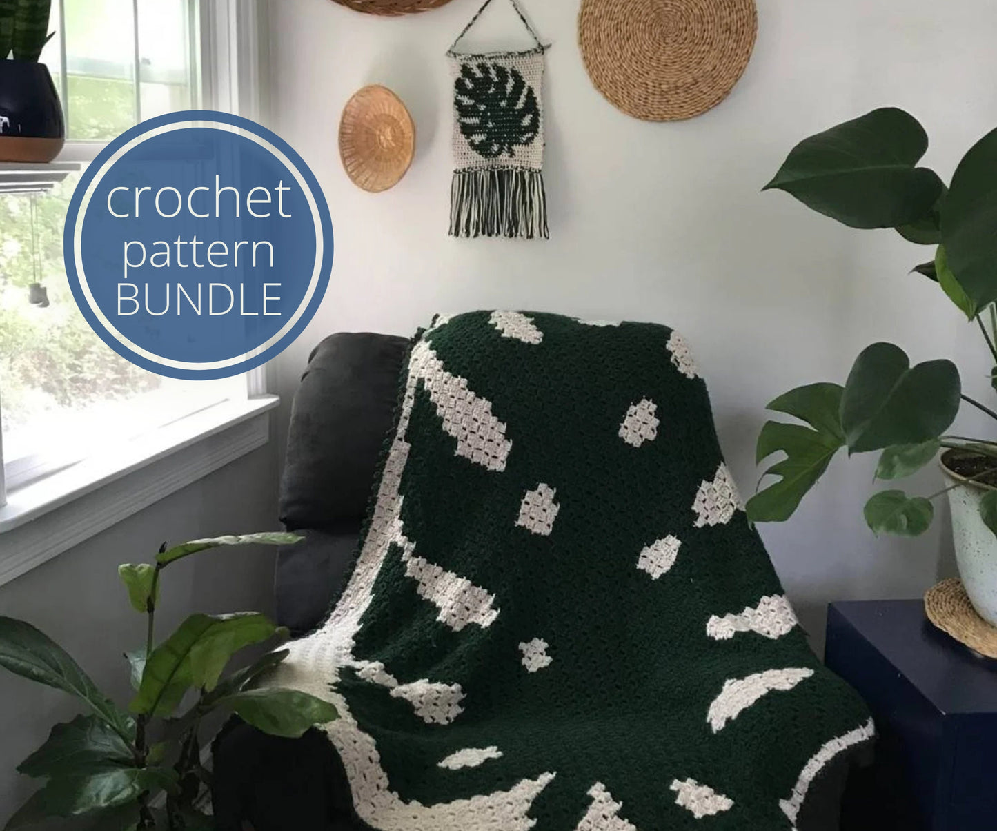 Monstera Leaf Crochet BUNDLE. Tapestry and Blanket Patterns: Monstera Leaf C2C Afghan. Plant Leaf Corner to Corner c2c Wall hanging