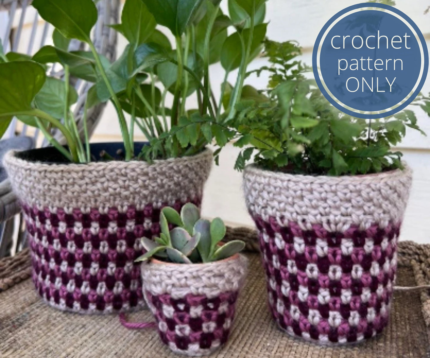 PDF Plant Pot Cover Crochet Pattern using Striped Moss Stitch Crochet. Easy Indoor plant pot cozy pattern that's beginner-friendly