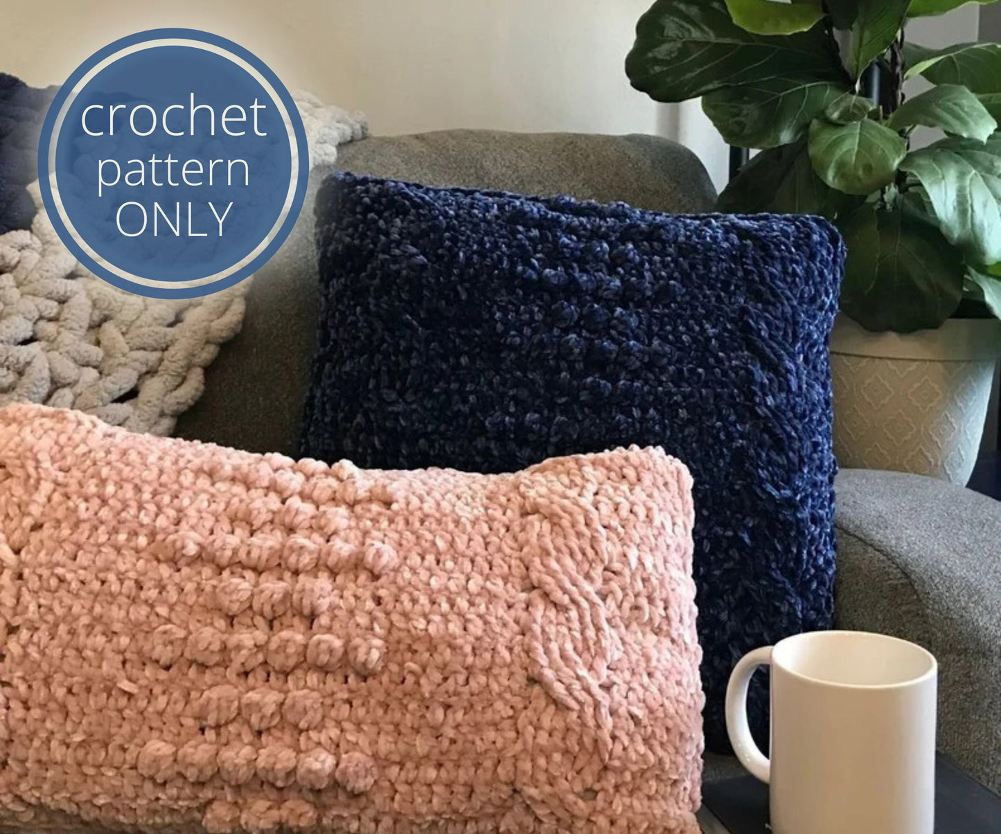 PDF Velvet Pillow Crochet Pattern, The Georgia Pillow. Velour Soft Textured Cushion Cover w bobbles and cables. Lumbar Throw Pillow Pattern