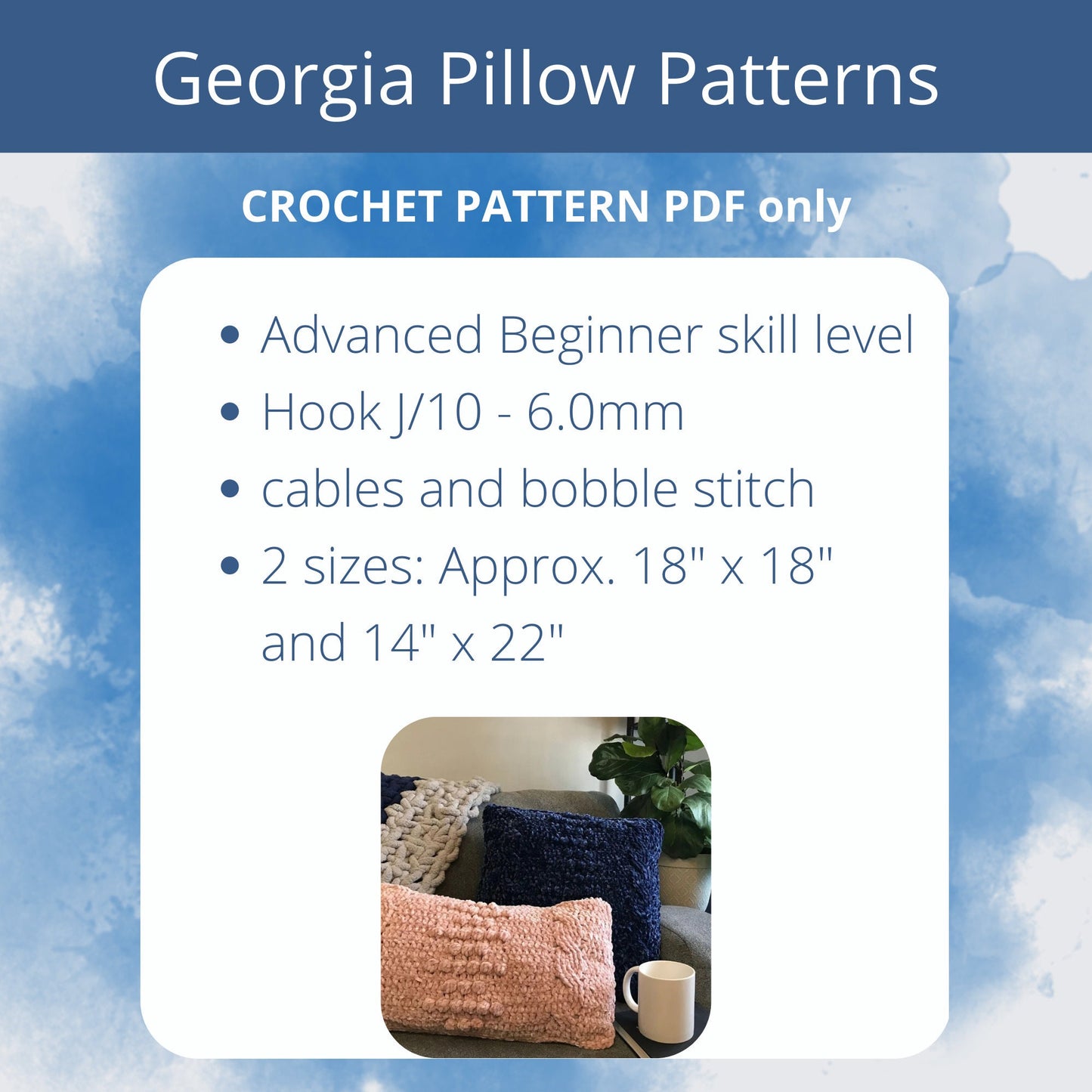 PDF Velvet Pillow Crochet Pattern, The Georgia Pillow. Velour Soft Textured Cushion Cover w bobbles and cables. Lumbar Throw Pillow Pattern