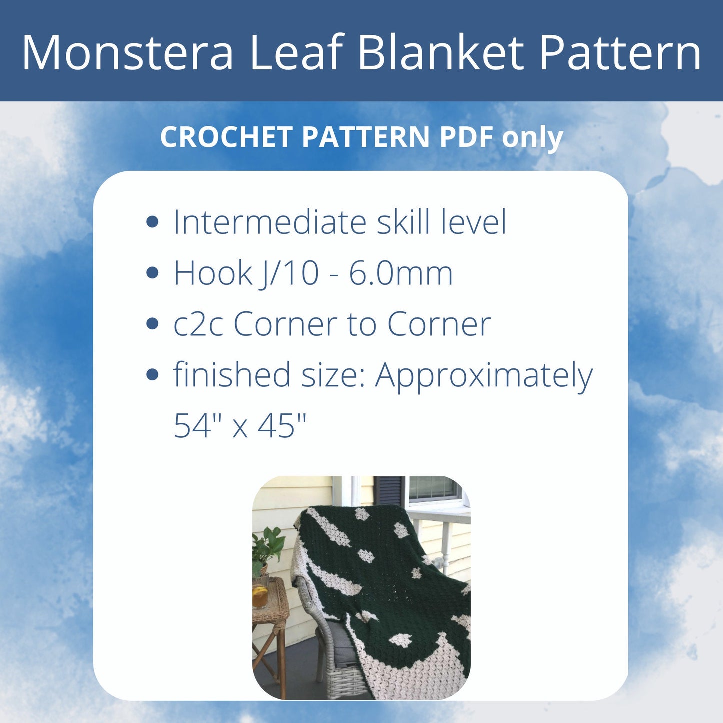 Crochet Blanket Pattern: Monstera Leaf C2C Blanket. Plant Leaf Corner to Corner Afghan Throw Rug