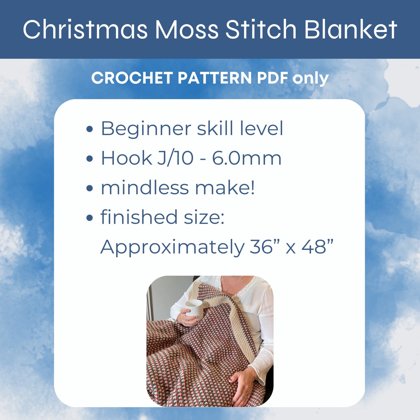 Moss Stitch Blanket Pattern: Easy Christmas Afghan Crochet Pattern. Simple Throw pattern. PDF digital download using worsted weight yarn