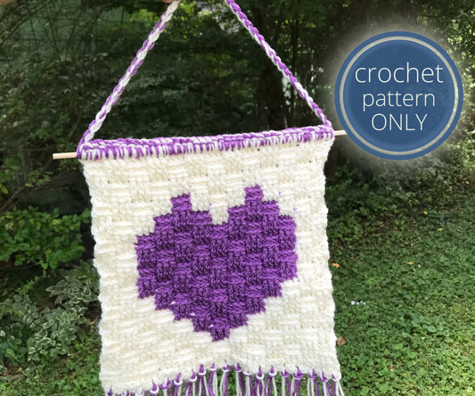 Crochet Tapestry Pattern: Heart in a Basket Wall Hanging. Handmade Crochet Knit Tapestry. Valentine's Day macrochet wall hanging