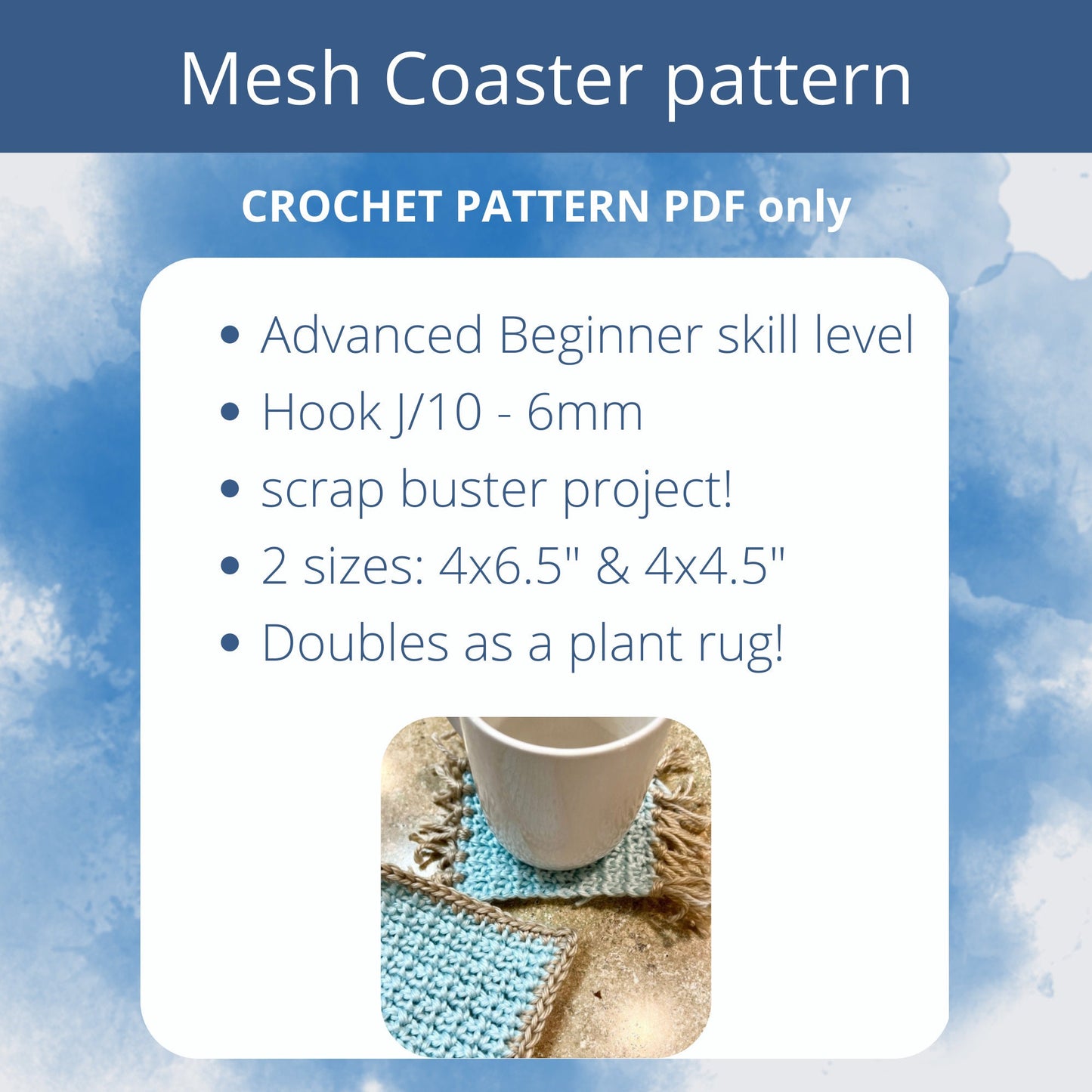 PDF Mesh Crochet Coaster PATTERN and Crochet Mug Rug or Plant Rug Pattern. Quick n Easy Crochet Home Decor pattern: Scrap Yarn Stash Buster