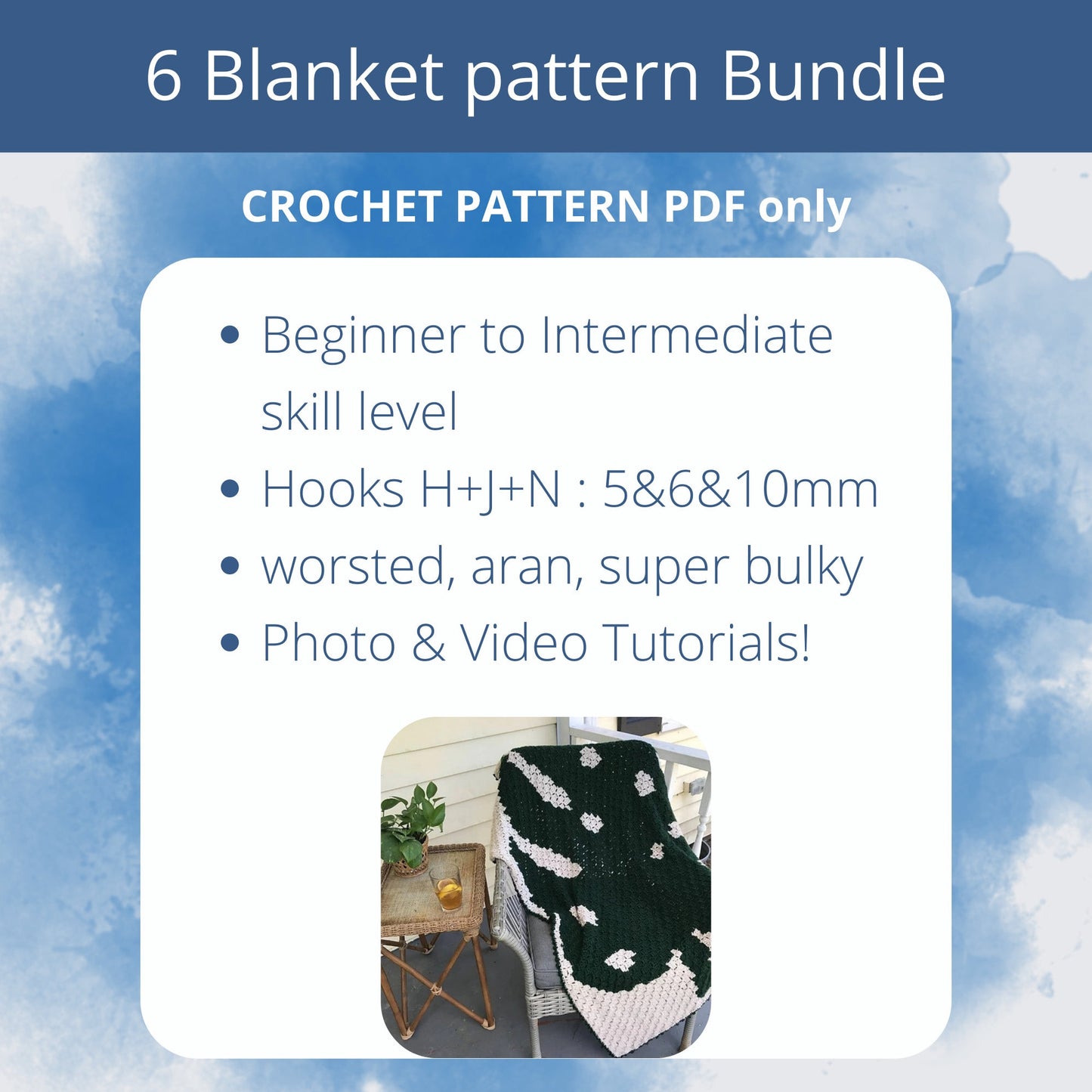 PDF 6 Blanket BUNDLE Crochet Patterns. Full set of Afghan crochet pattern for beginner to intermediate crocheters. Baby blankets and Throws.