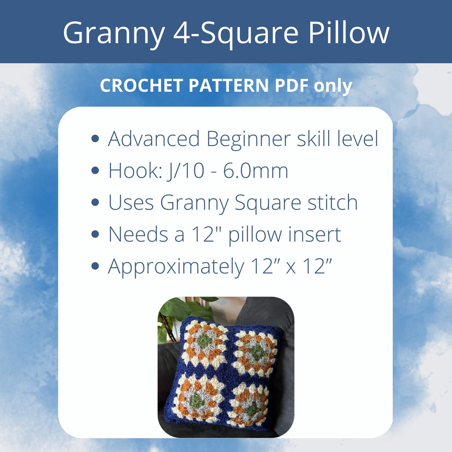 PDF Granny's 4-Square Pillow Crochet Pattern. Granny Square Cushion pattern made with Worsted Yarn. Beginner Easy Throw Cushion pattern