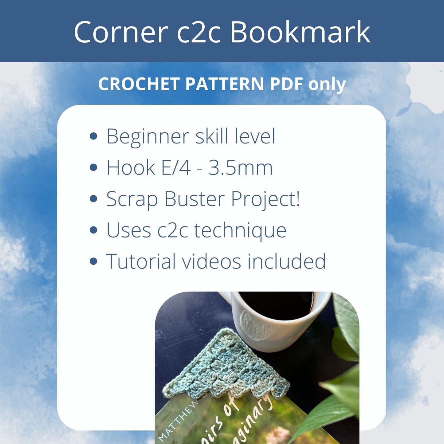 PDF c2c Corner Bookmark Crochet Pattern, Easy Project for Book Lovers and Crocheters. Beginner Scrap Busting pattern