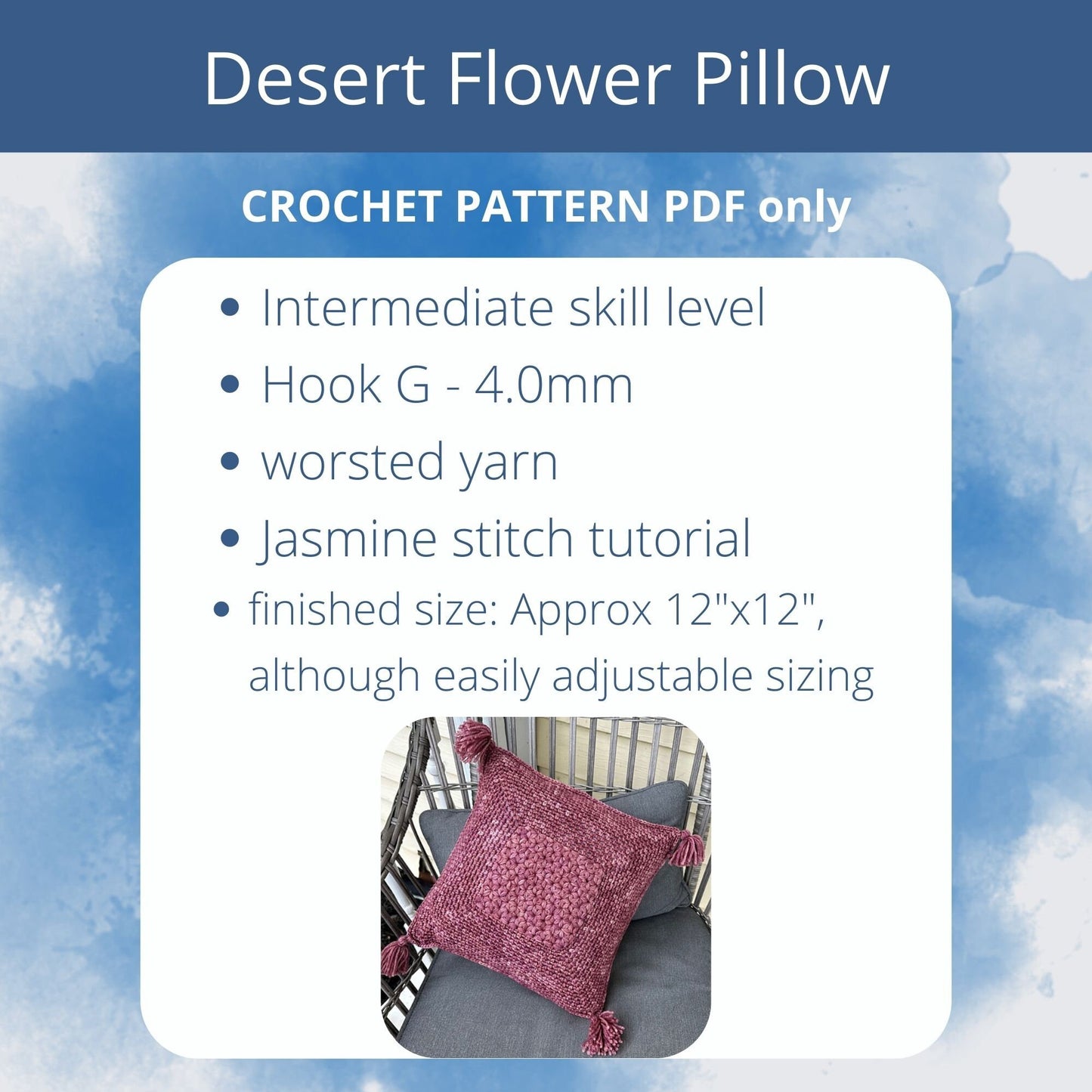 PDF Desert Flower Pillow Crochet Pattern. Throw Pillow Pattern using Jasmine crochet stitch and worsted yarn. Cushion cover crochet pattern