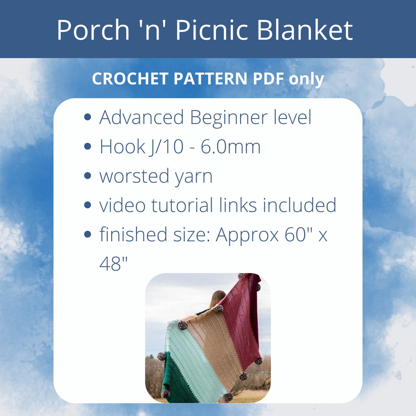 PDF Picnic Blanket Pattern: Easy Christmas Afghan Crochet Pattern. Simple Throw pattern. PDF digital download using worsted weight yarn