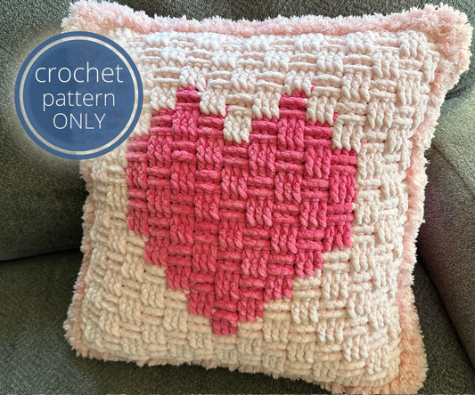 Crochet Heart Basket Pillow | Bulky Yarn Accent Cushion | Intermediate Pattern Home Decor