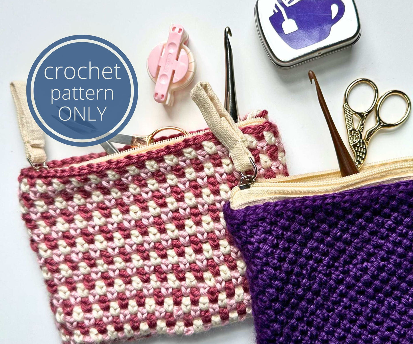 No-Sew Zipper Pouch Crochet Pattern PDF - Moss Stitch - Notions Bag