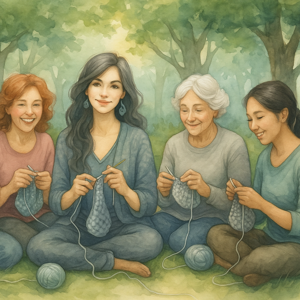 Illustration of five women sitting outdoors, crocheting together.